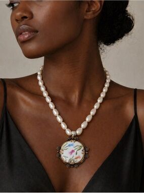 Freshwater Pearl Necklace Victorian Sterling Silver Hand Painted Floral Pendant